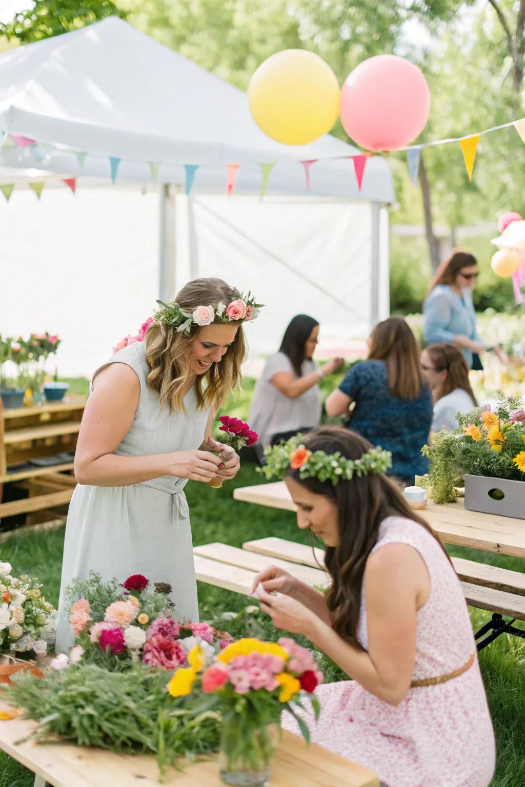 A DIY blossom headband station invites creativity and fun.