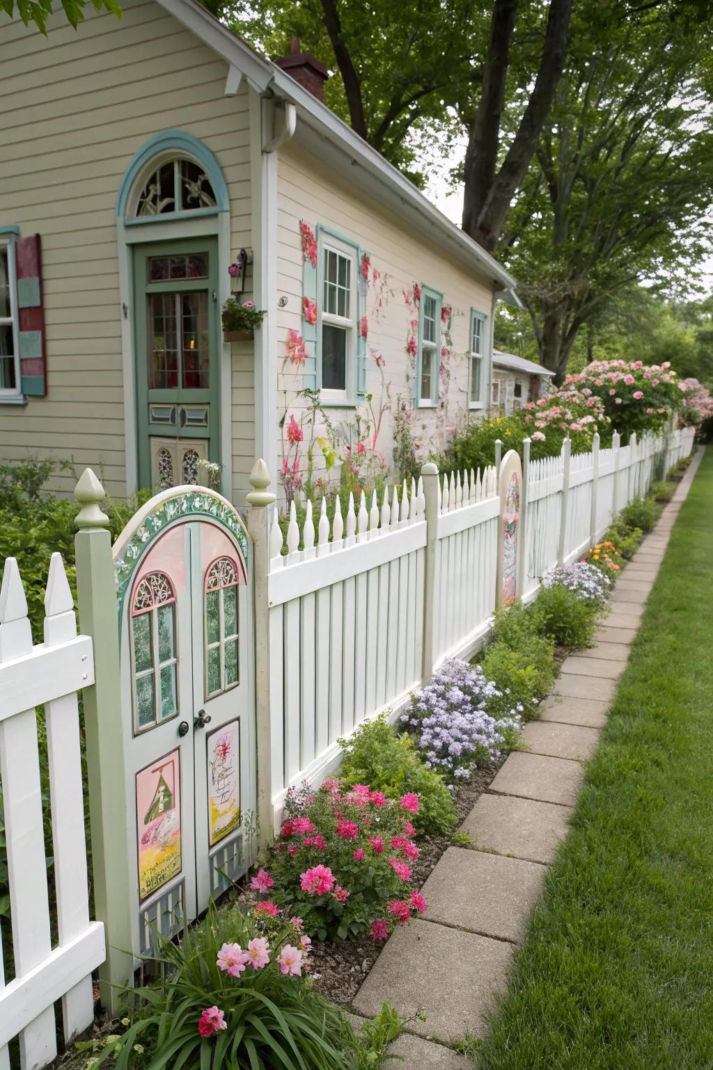 A whimsical picket fence featuring charming painted faux windows and doors.