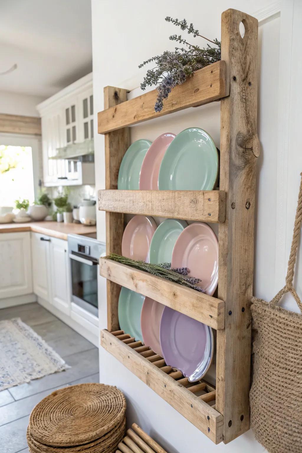 Elevate your kitchen with a charming pallet plate rack that blends simplicity and elegance.