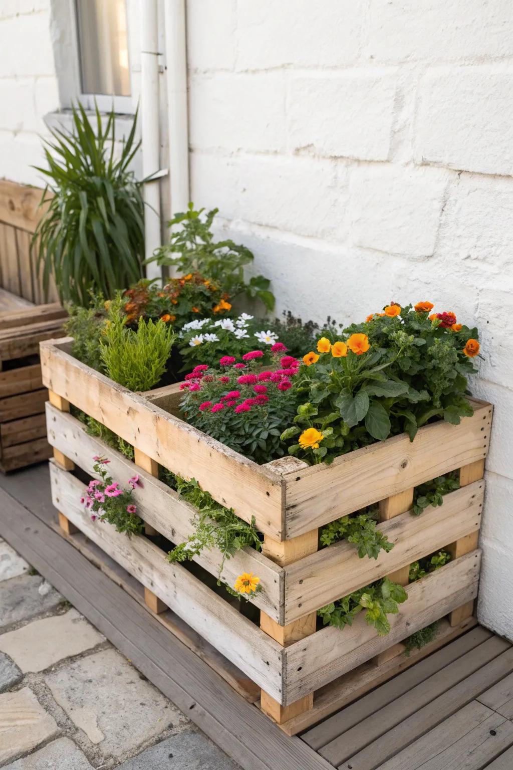 Embrace the seasons with a charming pallet garden bed, perfect for a fresh, colorful display all year round.
