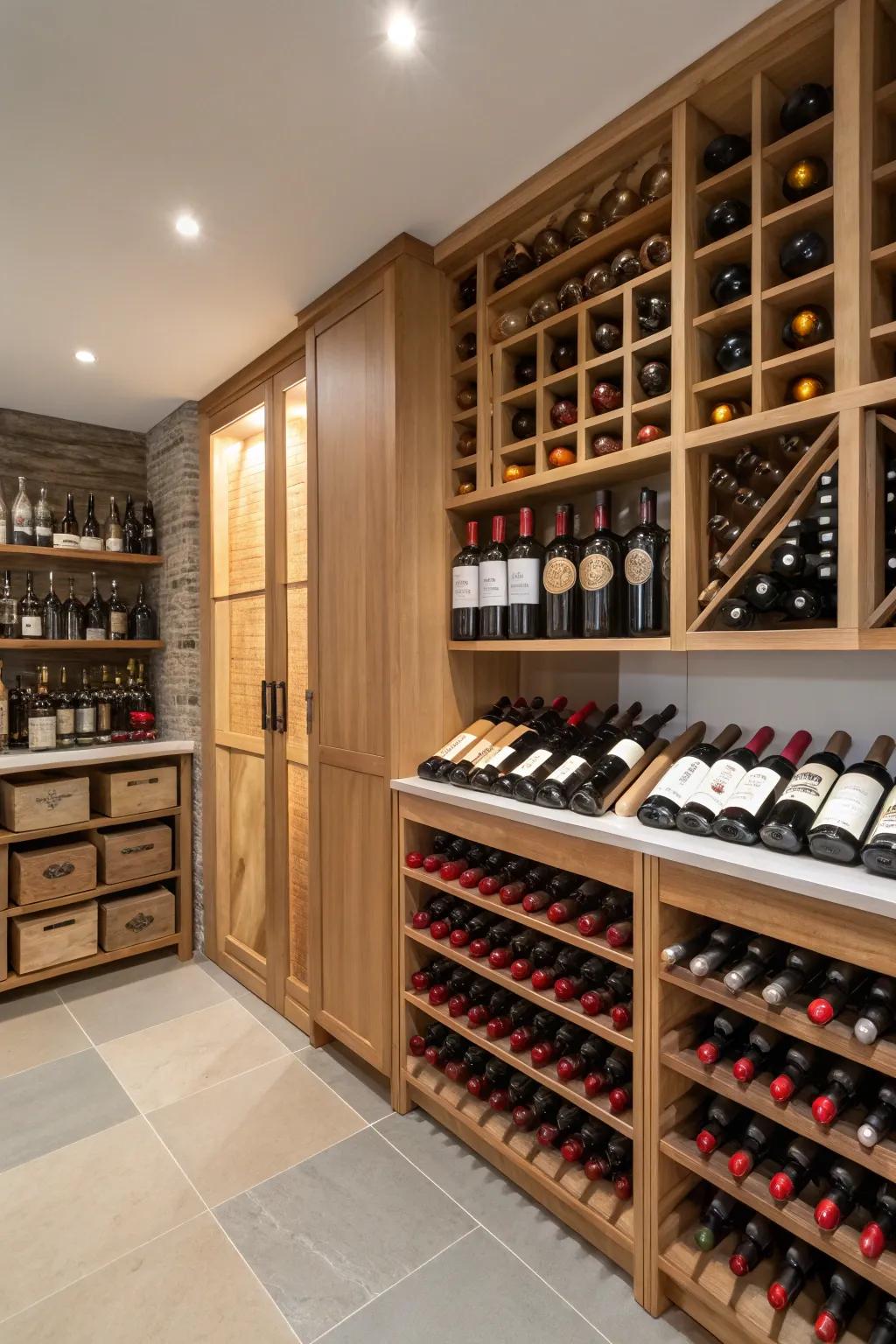 A pantry includes a stylish wine storage space for enthusiasts.