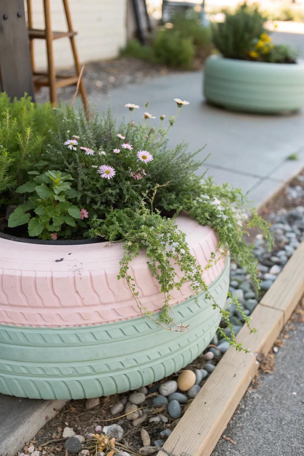 Transform old tires into stunning planters for a unique and eco-friendly decor touch!