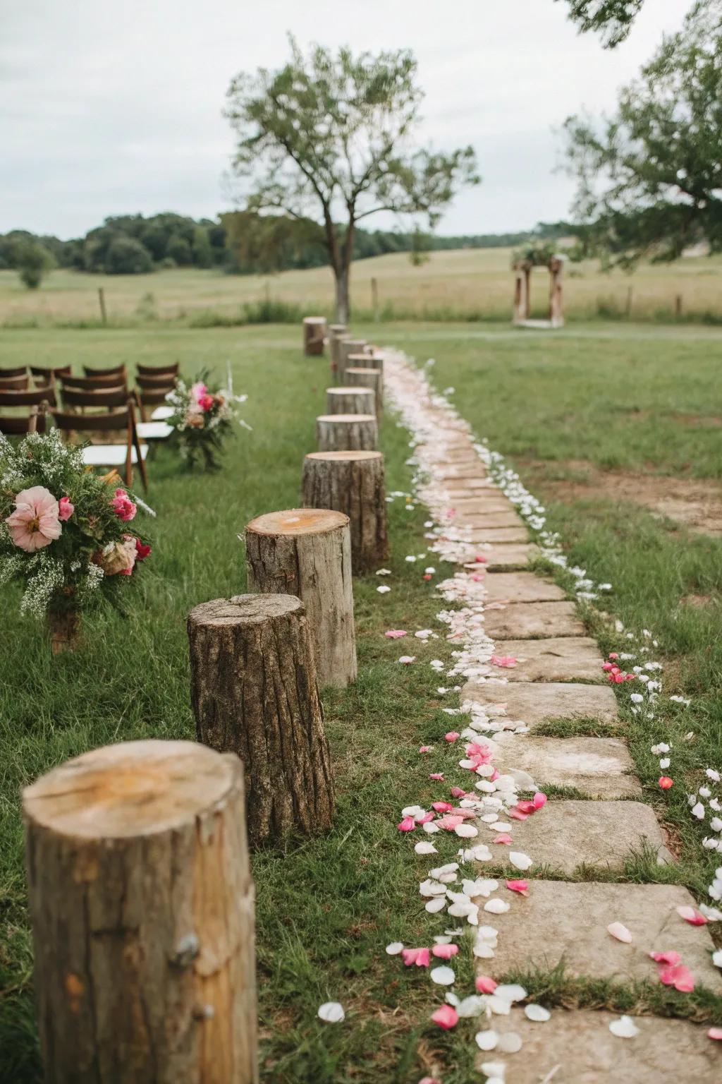 A wedding walkway beautifully ornamented with inherent elements.
