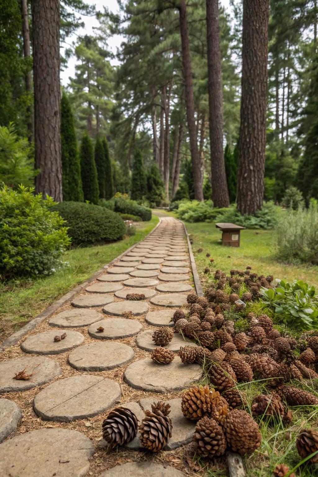Pinecones create charming natural pathways.