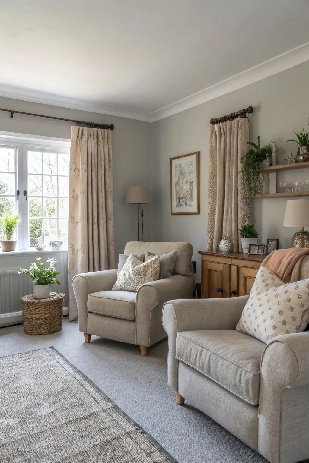 Beige tones add warmth to grey interiors.