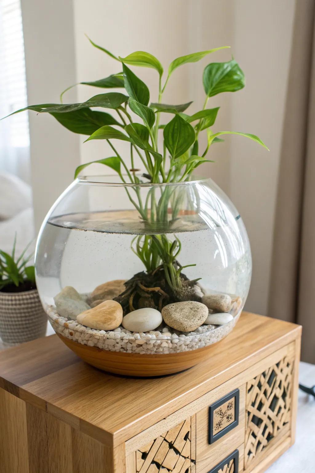 Elevate your goldfish tank with emersed plants for a touch of natural elegance.
