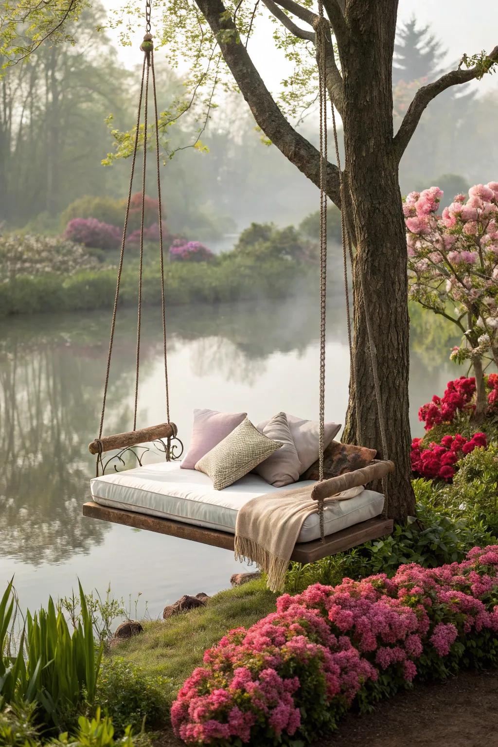 A swing bed offers a luxurious and dreamy seating option by the pond.