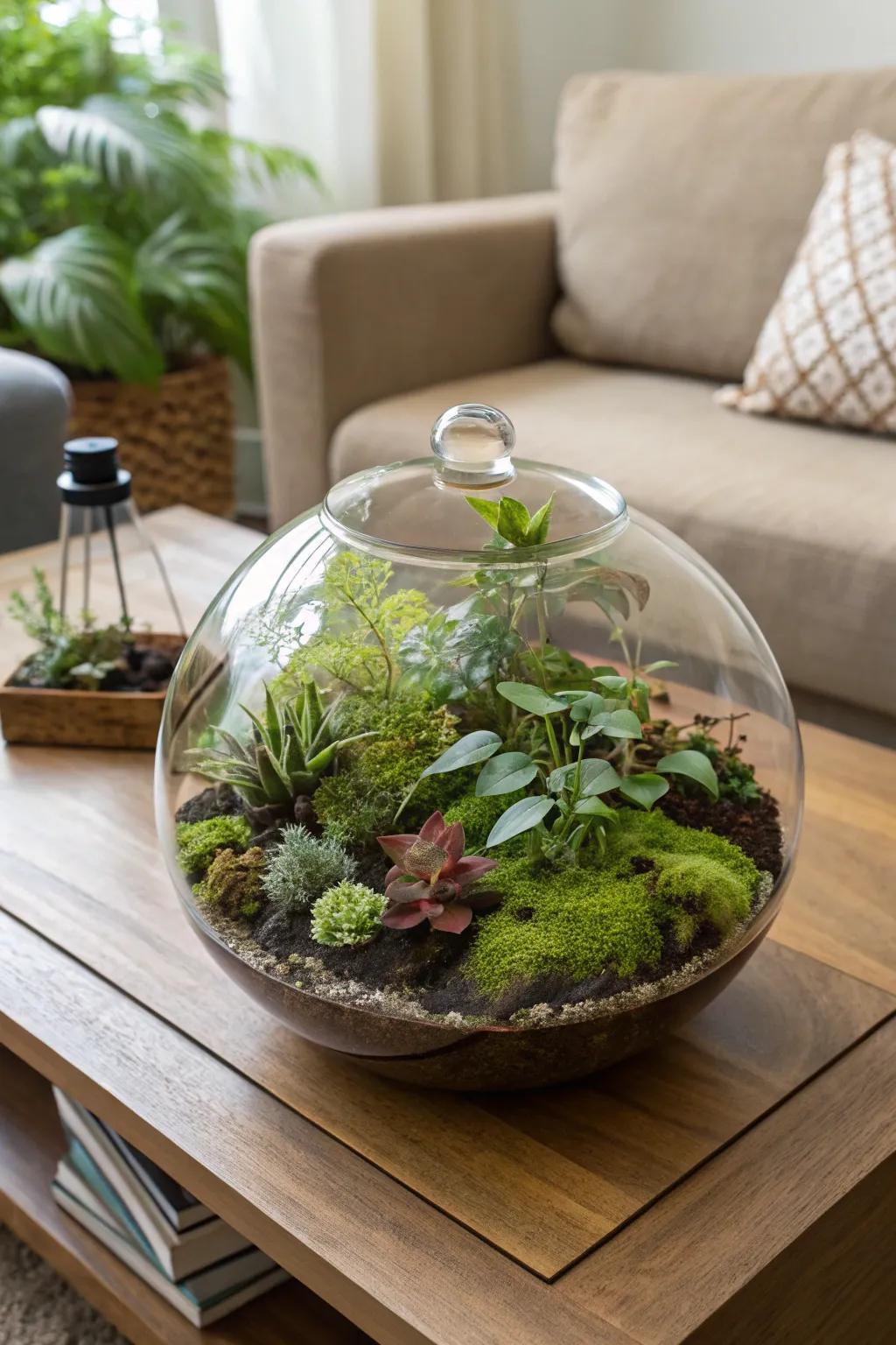 Construct a captivating miniature ecosystem through a personalized terrarium endeavor.