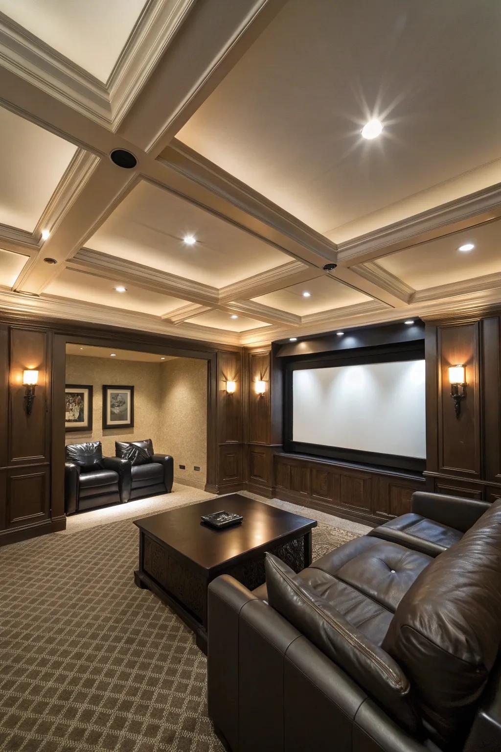 Elevate your home theater with a recessed ceiling alcove for a seamless, sophisticated look.