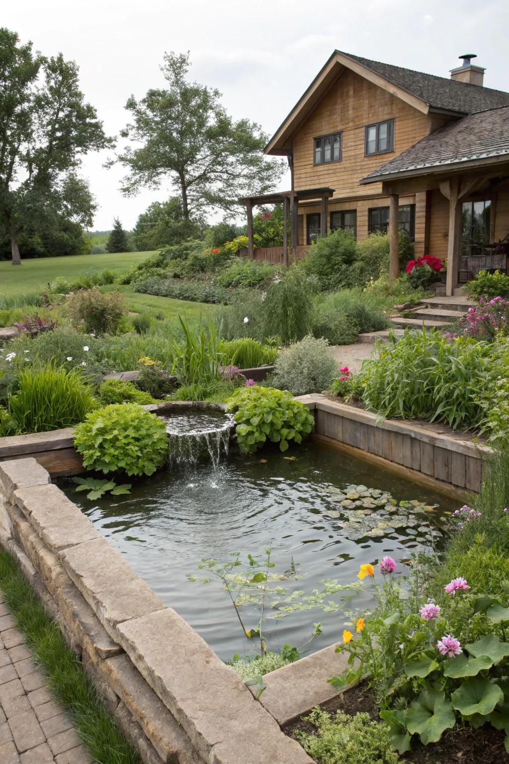 A tranquil pond with a water feature adding serenity to a raised ranch garden.
