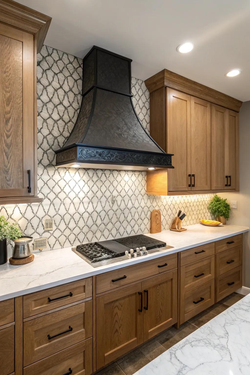 A kitchen showcasing strong contrast between a vent hood and splash guard for dramatic effect.