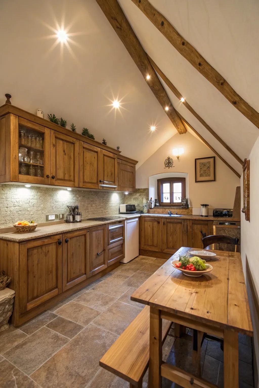 Vaulted ceilings gain prominence with recessed lighting.