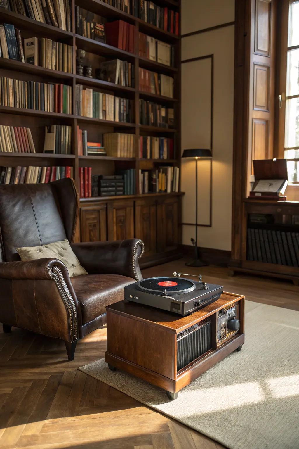 Sophisticated library look with a record player setup.