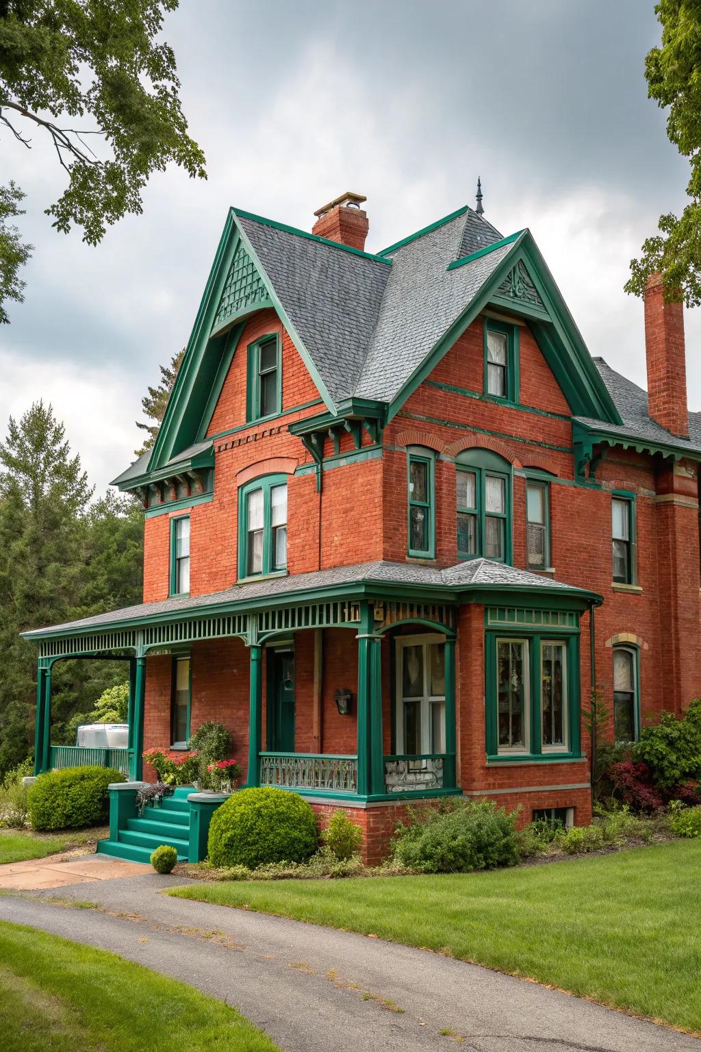Evergreen trim imparts a touch of glamour to red brick homes.