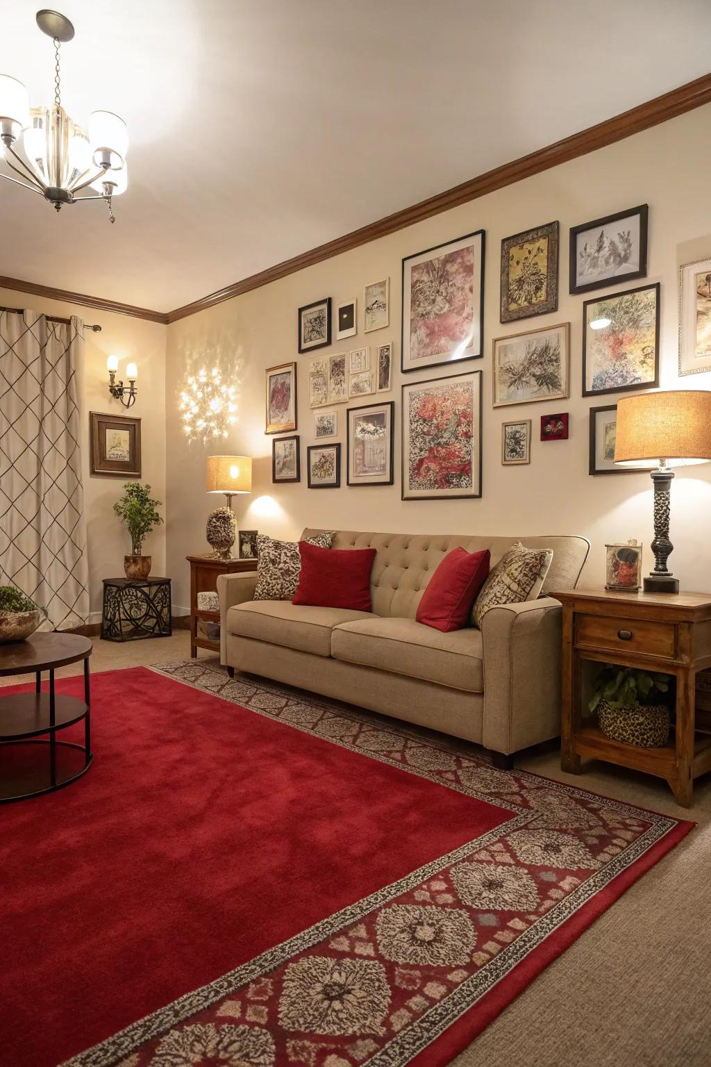 Art on a wall and extras wonderfully go with the crimson carpet in this cohesive lounge area design.