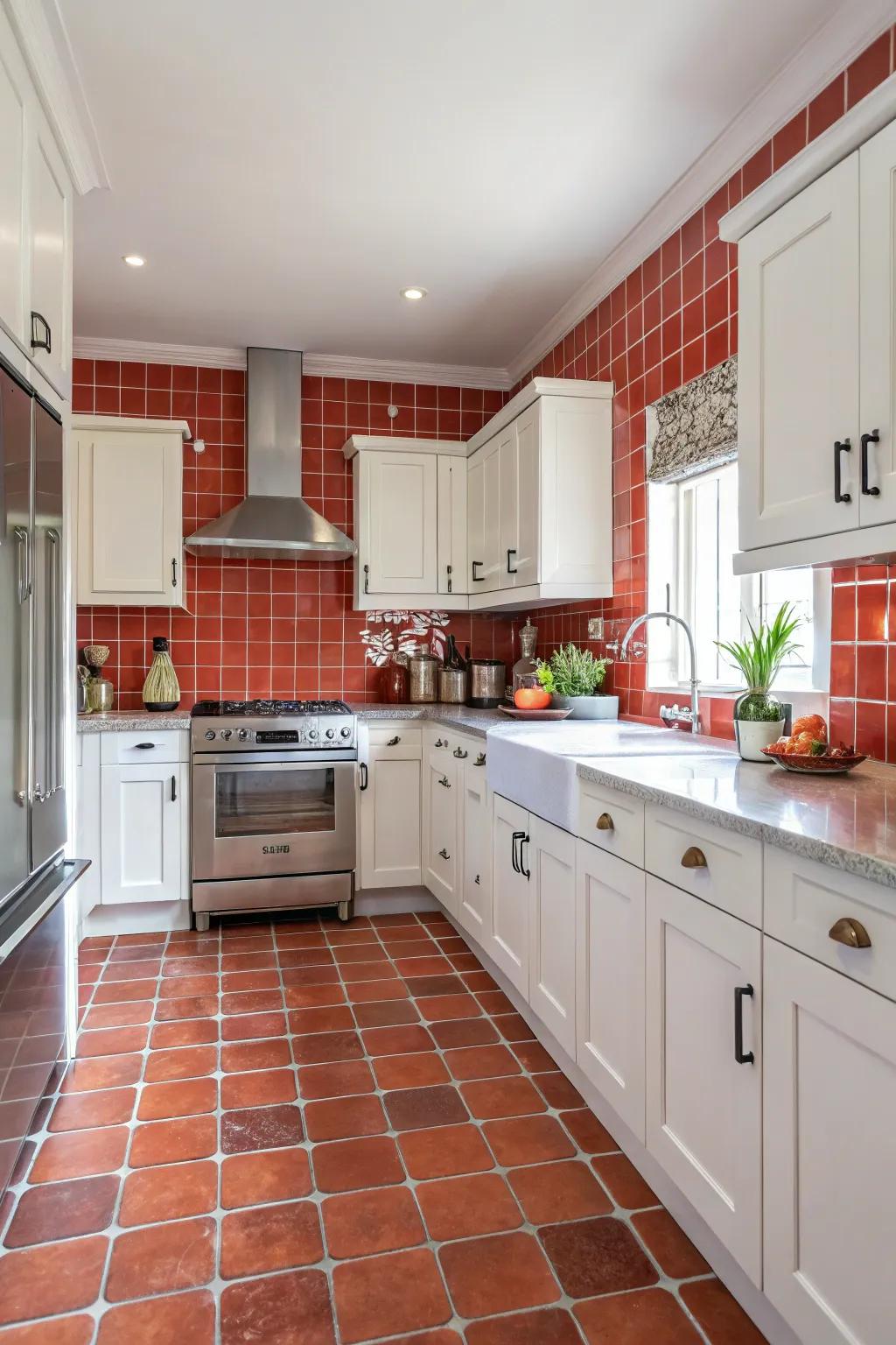 A vibrant kitchen with vermilion tiles that stand out.