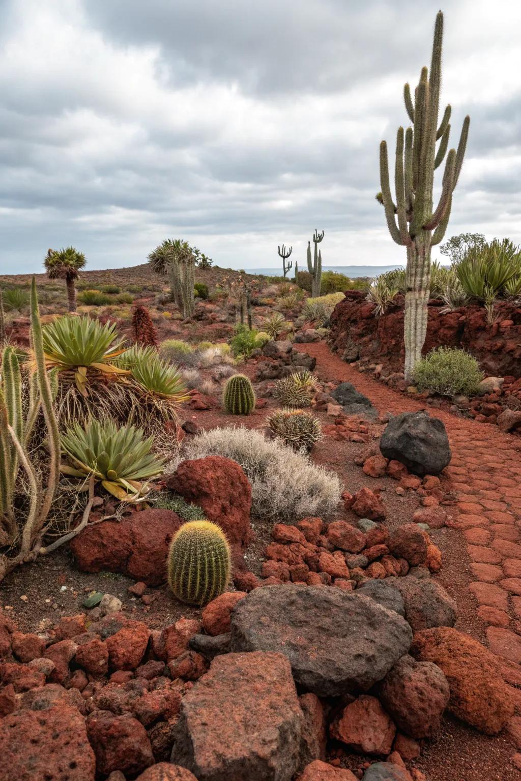 Red lava rocks enhance the beauty of this desert landscape design.