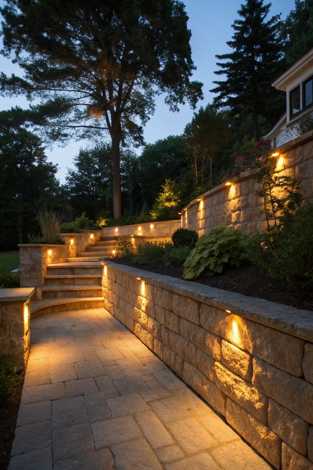 Revamp your outdoor space through elegantly lit retaining walls, culminating in an enchanting evening ambiance.