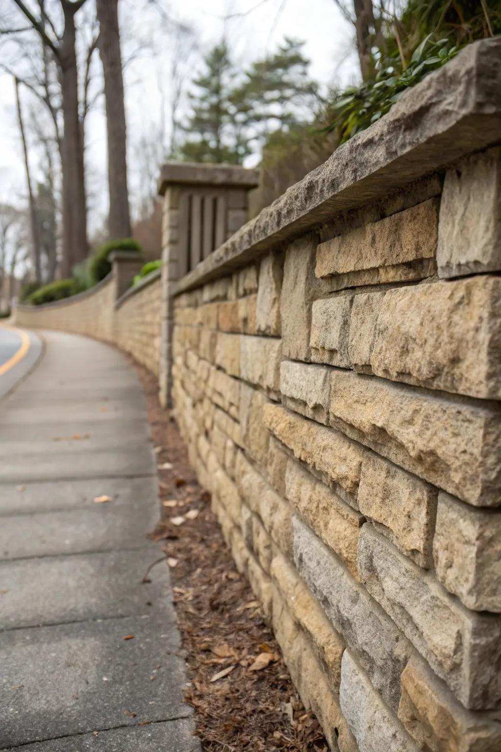 Stone facades contribute texture and sophistication to retaining walls.