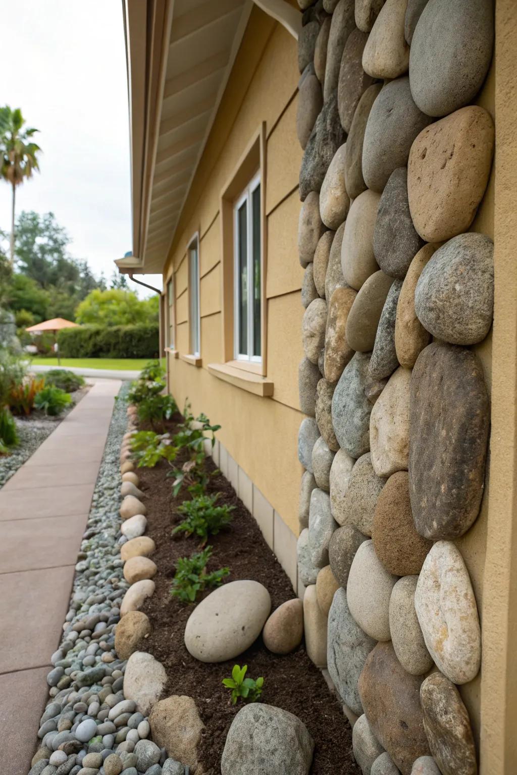 An artful stream stone pattern contributes beauty and protection to this home's base.