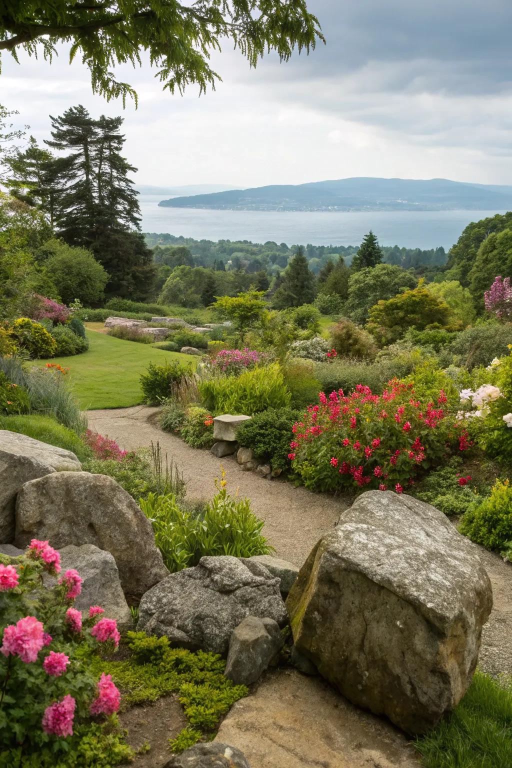 Rocks frame the view, enhancing the garden's natural beauty.