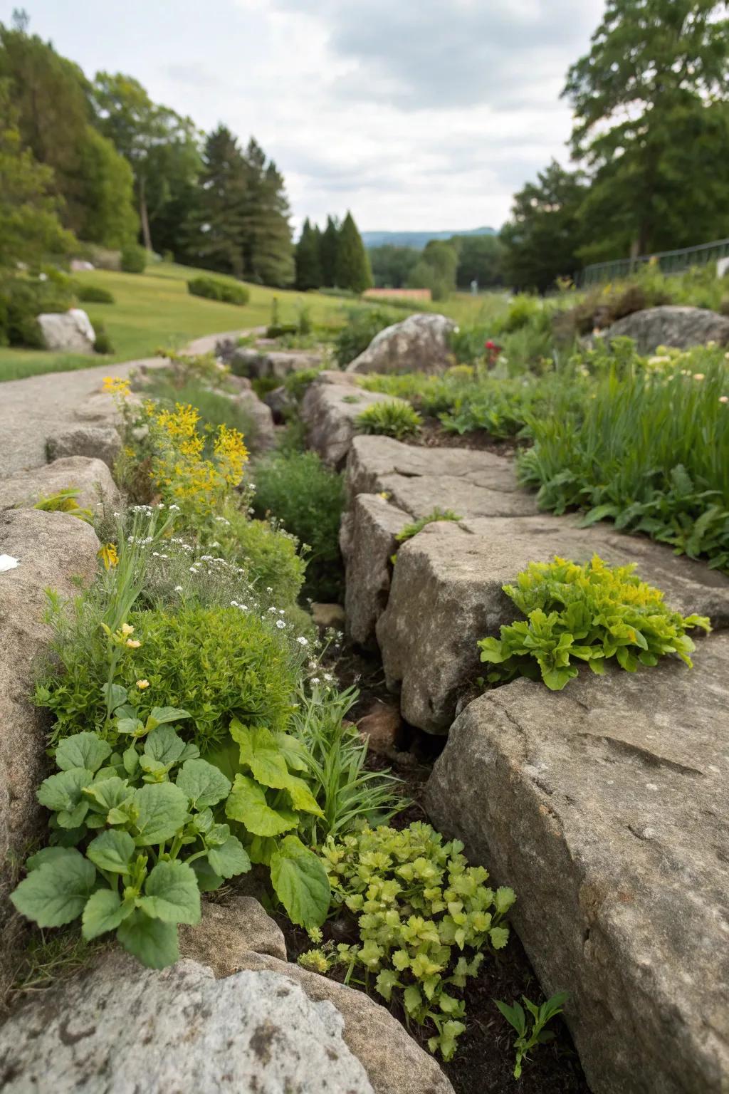 Vegetation in stone cracks injects unexpected greenery.