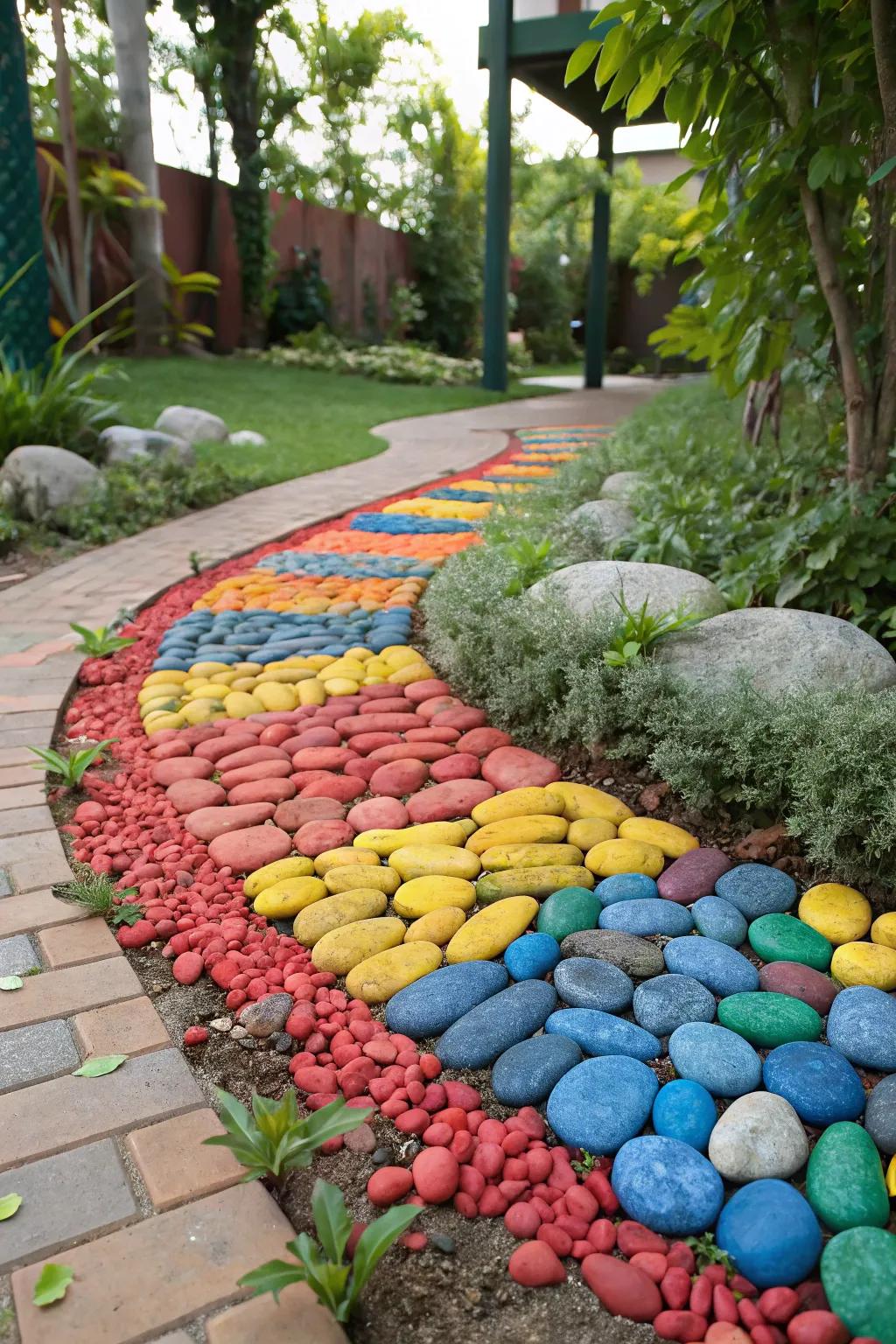 Colorful shingles creating a whimsical and vibrant garden edge.
