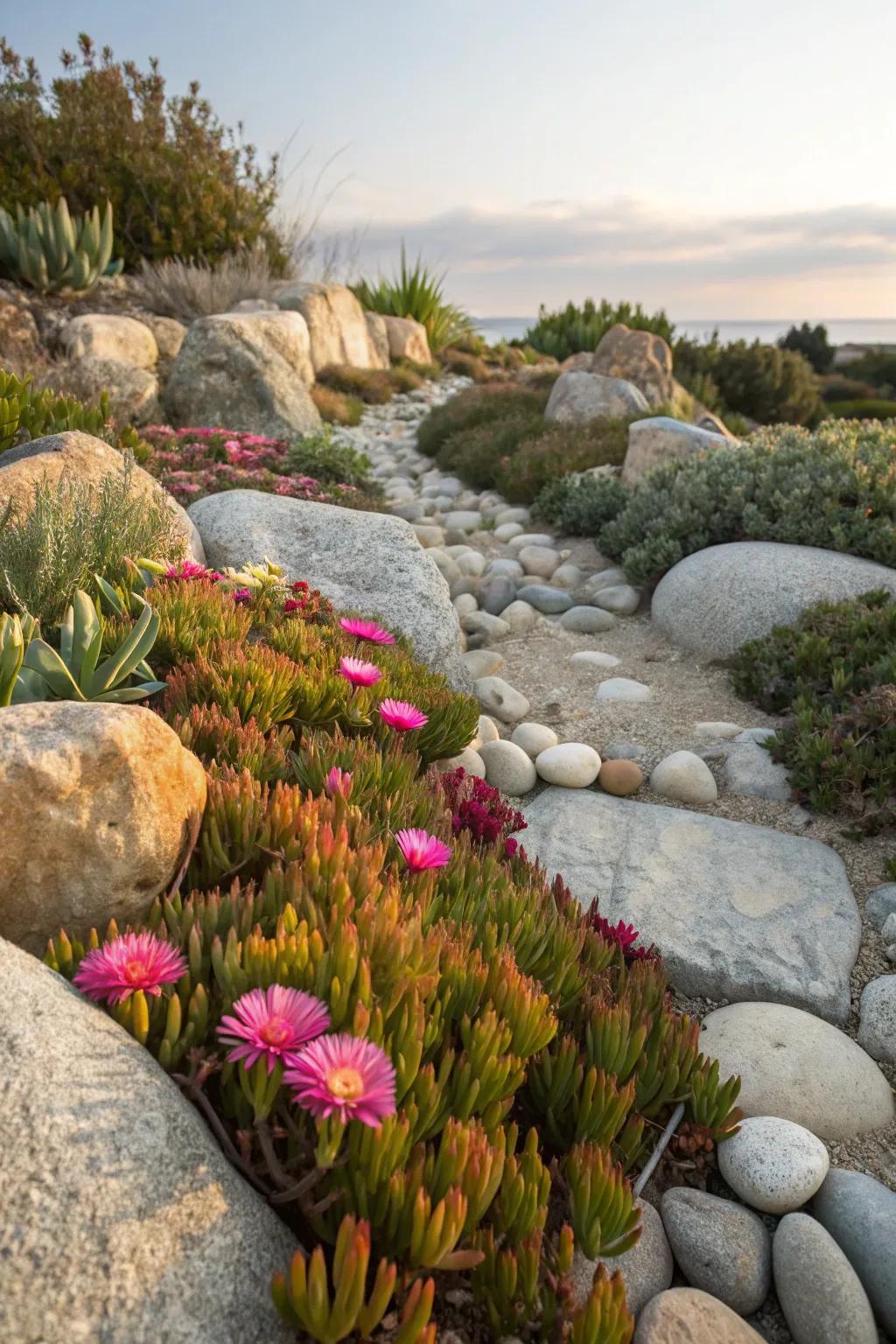 Rock gardens are complimented with ice plants that require no maintenance.