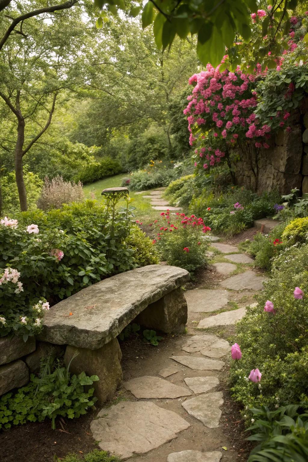 A natural stone bench providing a cozy seating area in a garden.