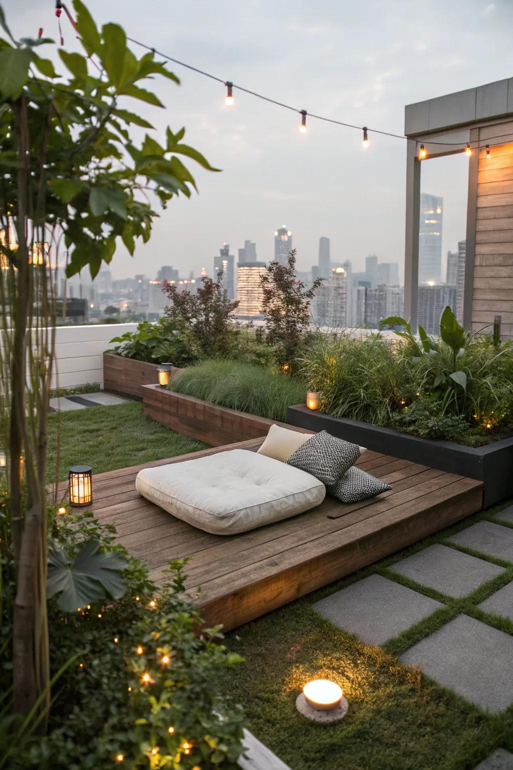 A meditation corner provides a peaceful escape to recharge.