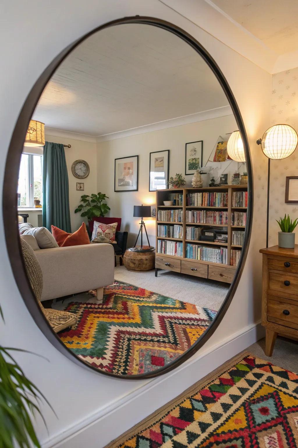 A circular mirror showing off personal style in a cozy living room.