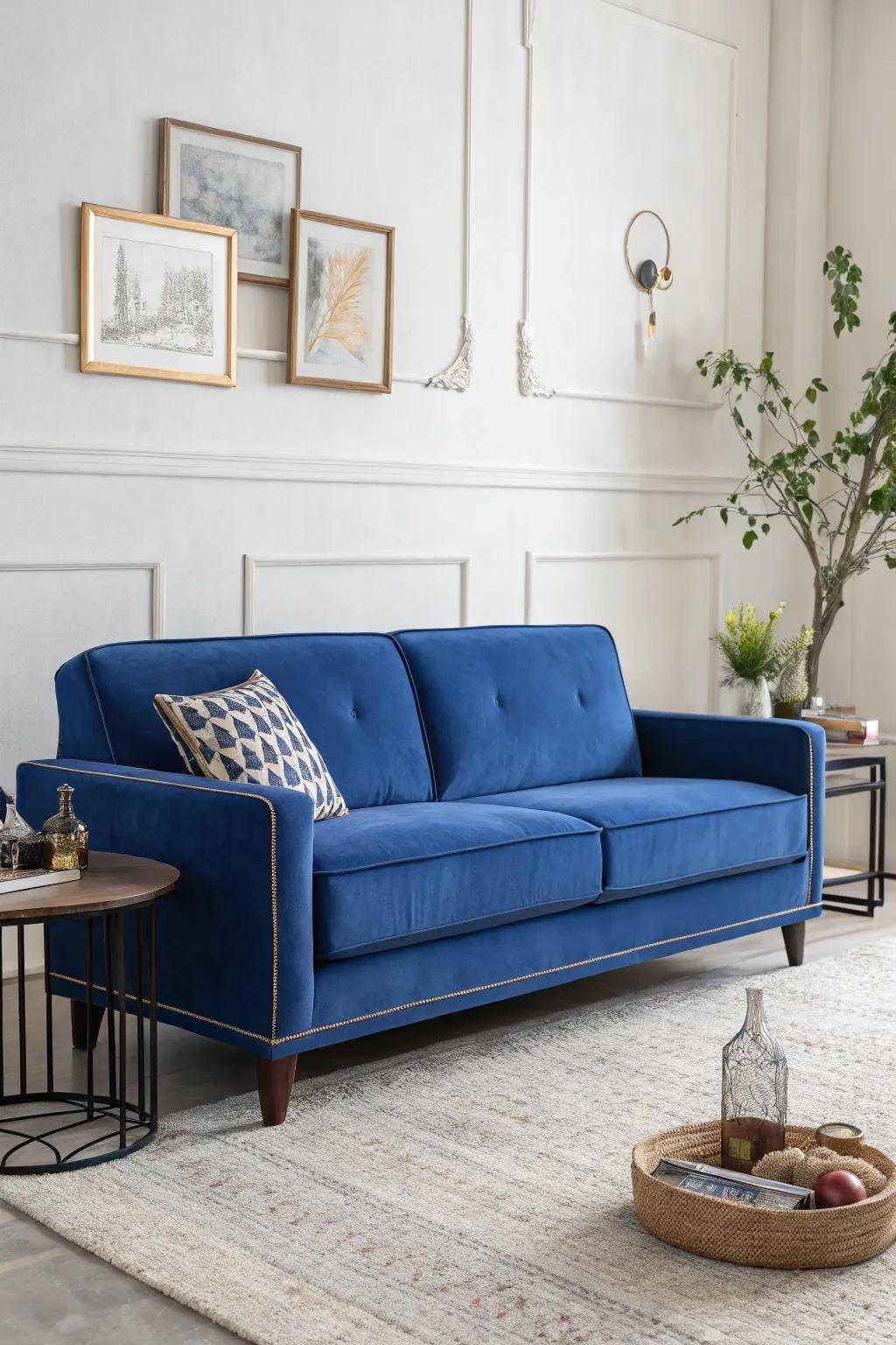 A minimalist setting permits the cobalt settee to shine in a serene space.