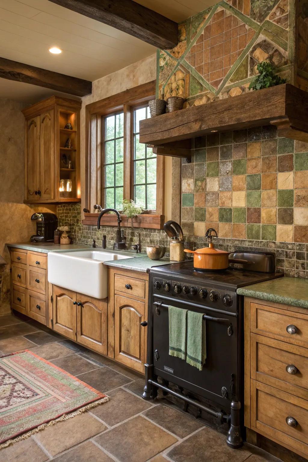 Nature-inspired bricks fashion a serene and harmonious kitchen atmosphere.