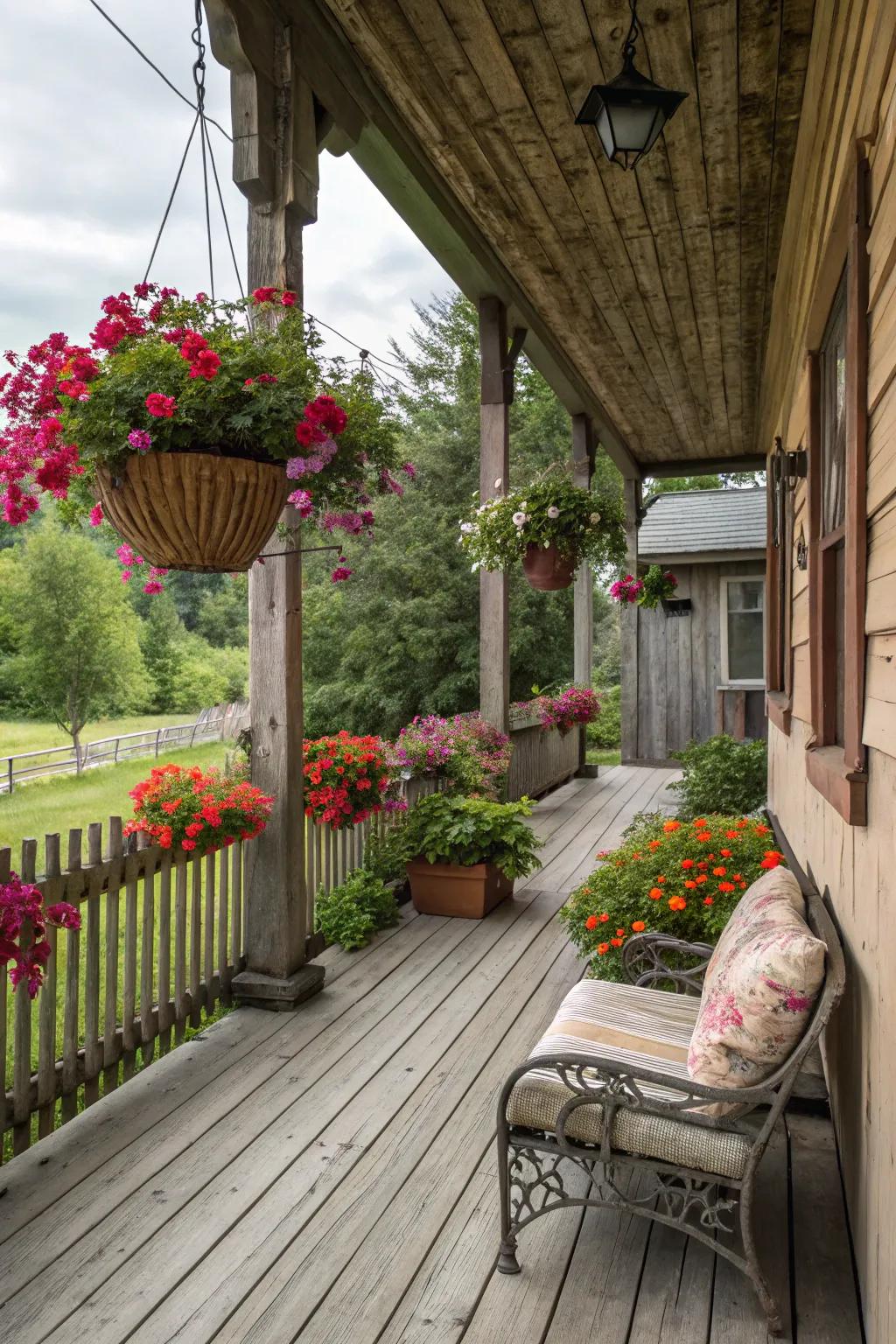 Hanging baskets add vertical interest and beauty.