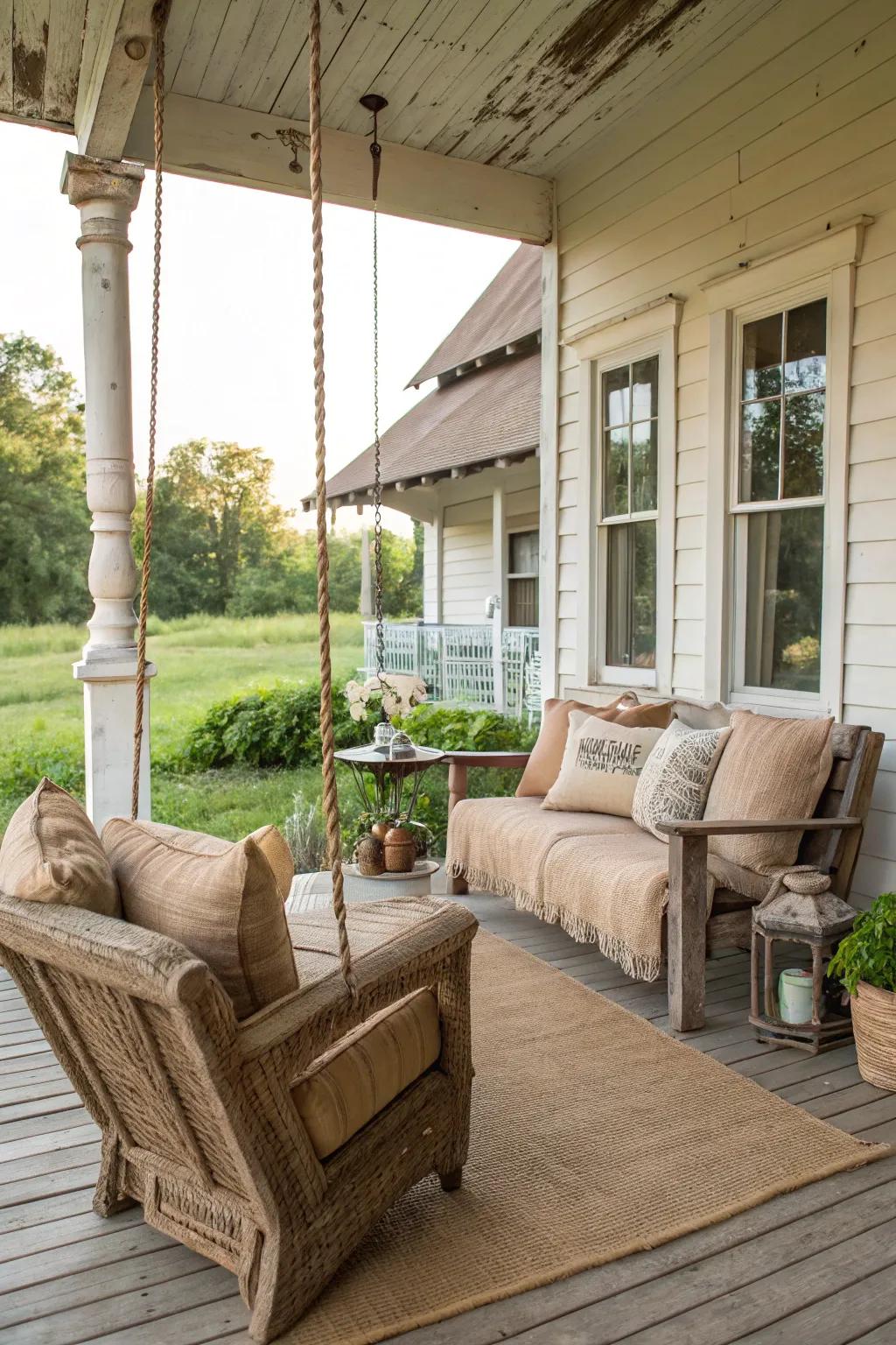 Burlap accents add texture and rustic charm to this porch.