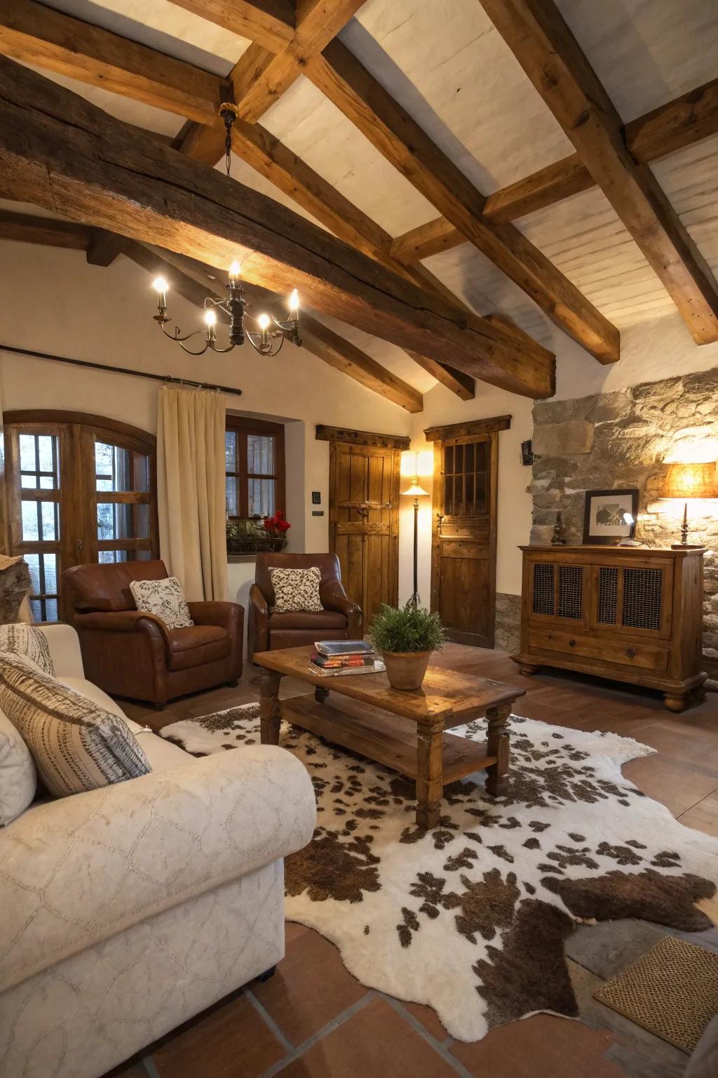 Cowhide rugs contribute texture and a rural edge to living spaces.