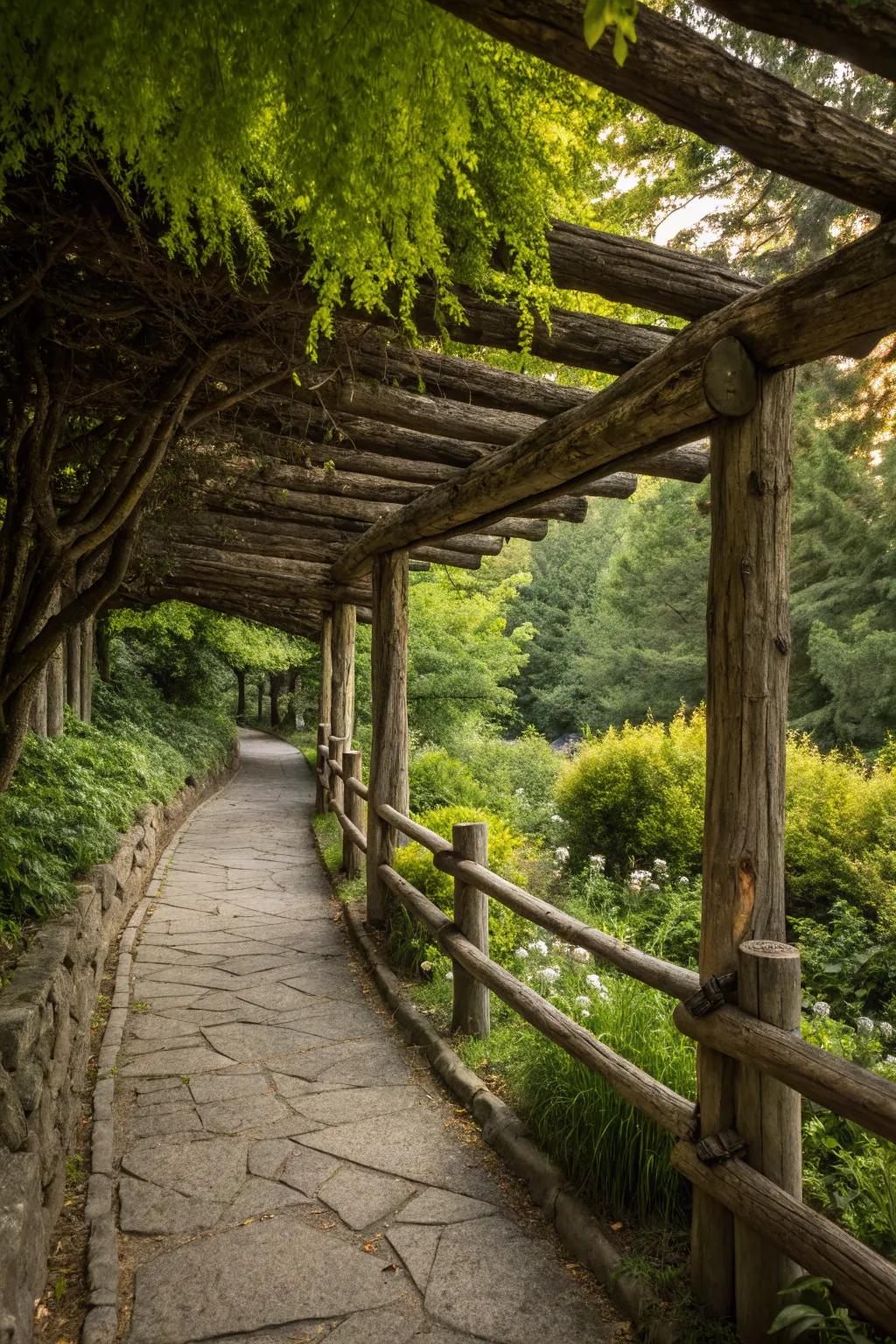 A natural log canopy above a fence produces a shaded, welcoming outdoor sanctuary.