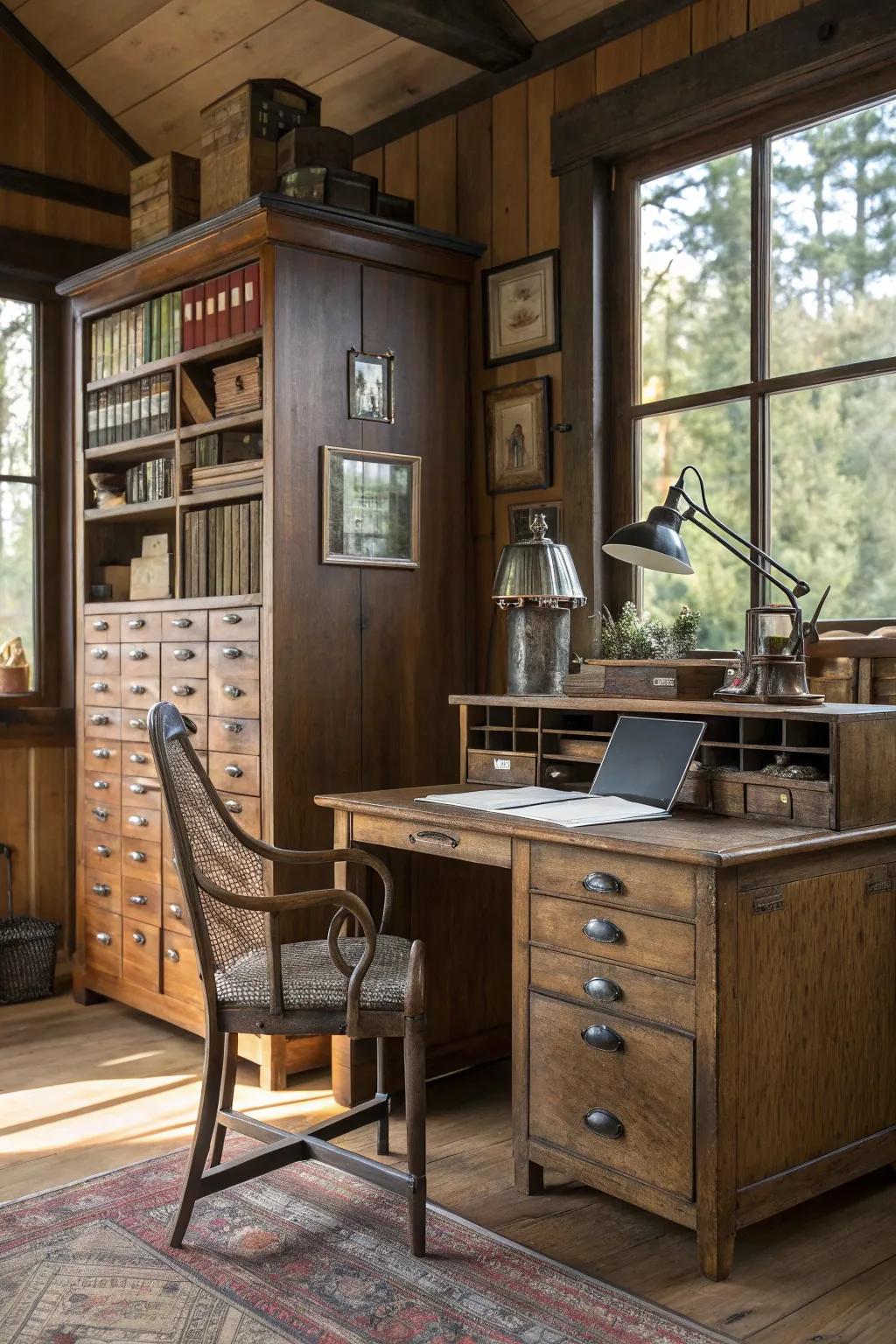 Antique storage solutions offer style and practicality in a rustic office.