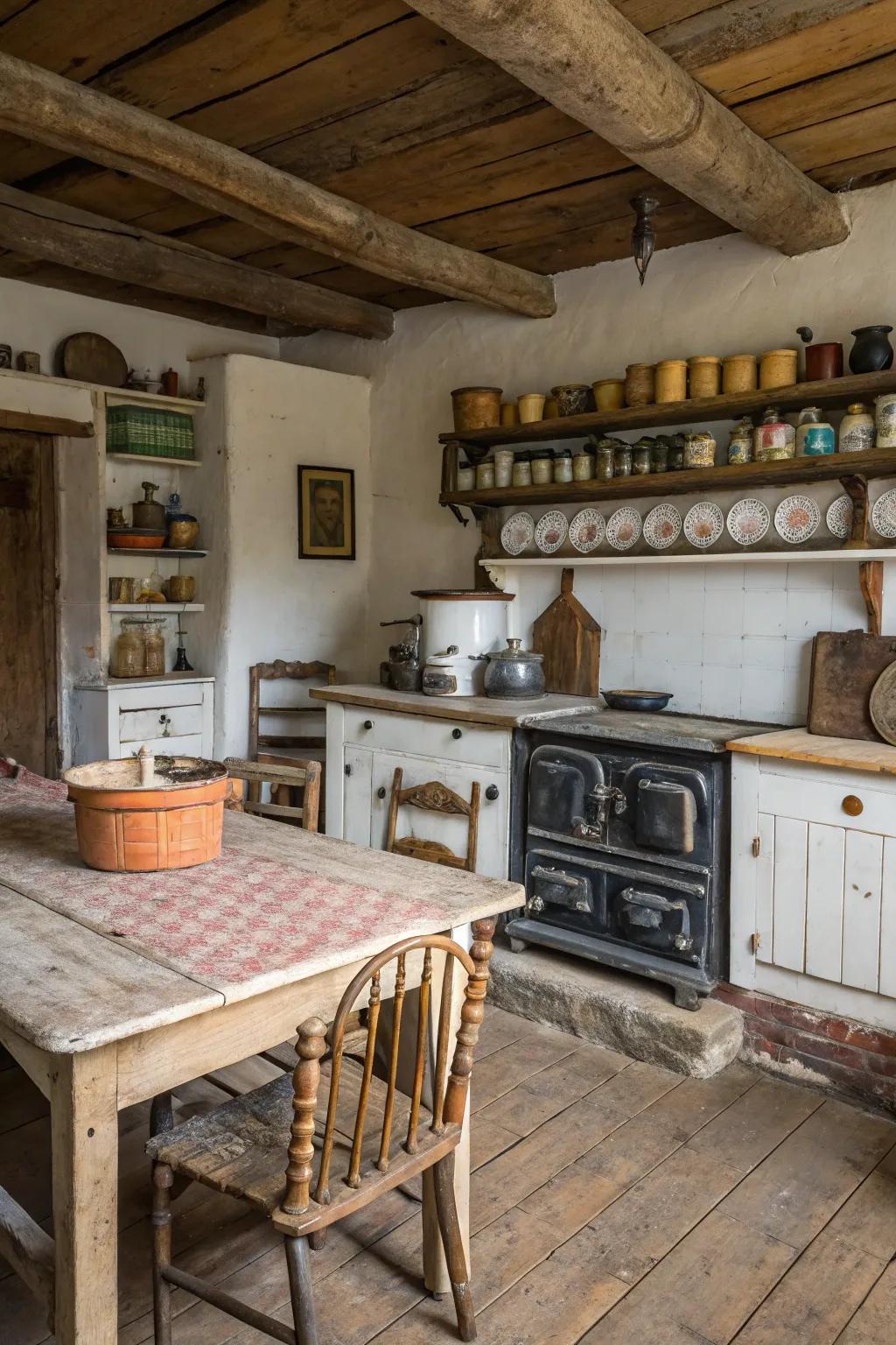 Distressed furniture adds a welcoming, lived-in feel.