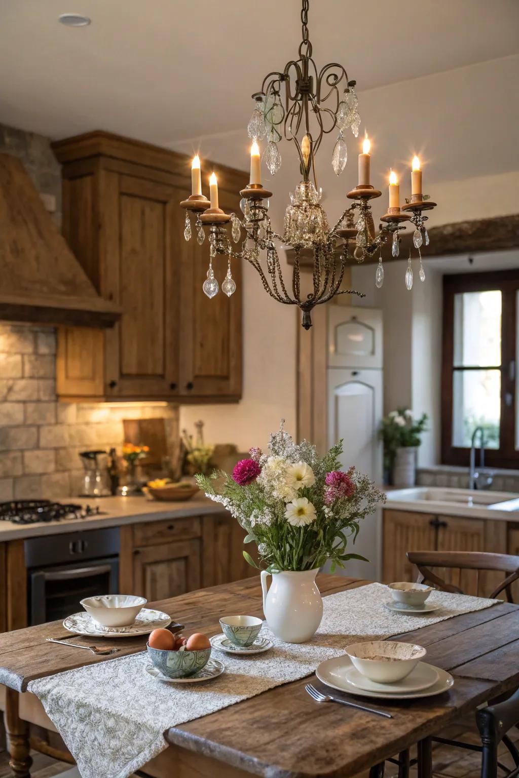 A time-honored chandelier introduces elegance and allure to a farmhouse kitchen.