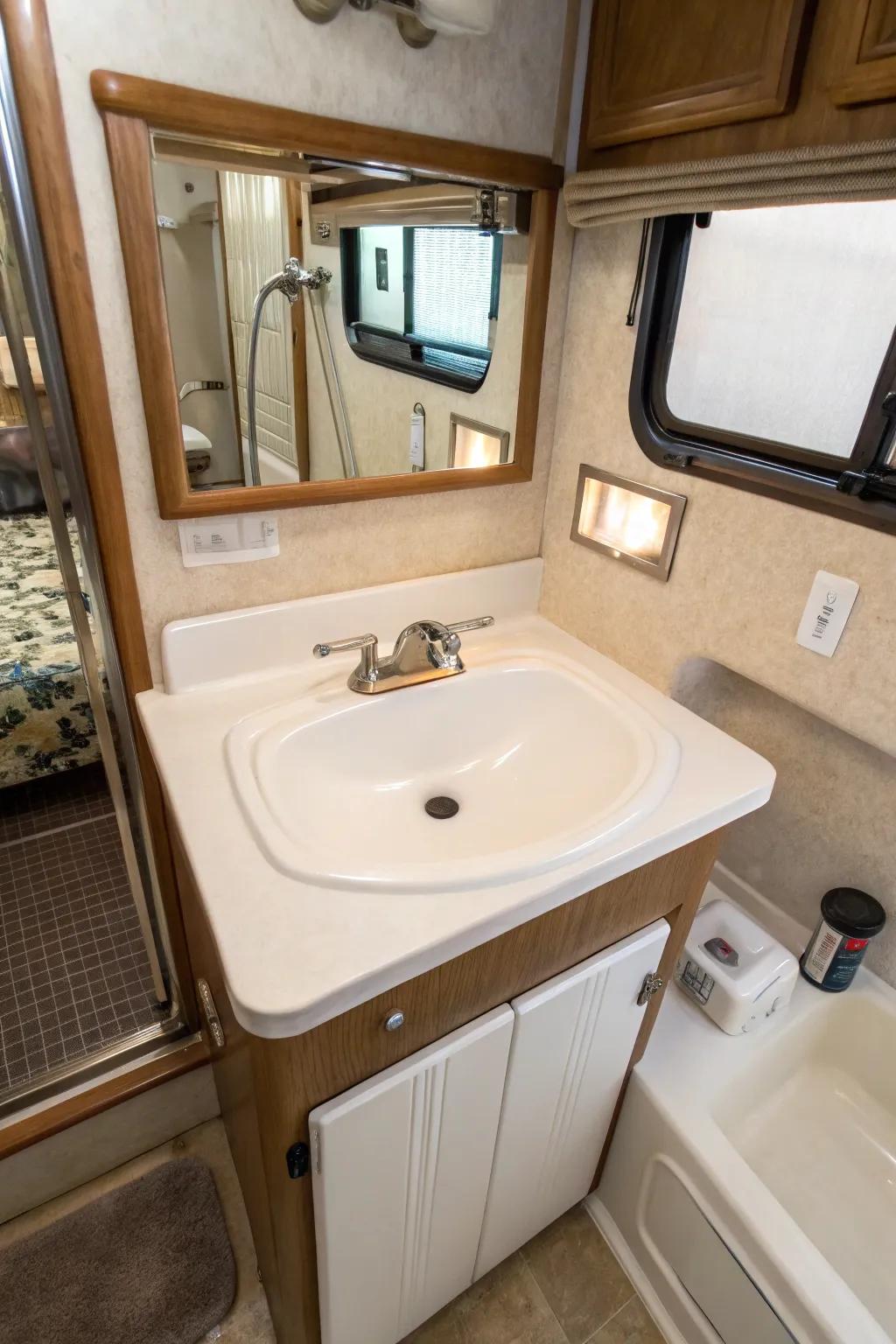 A china sink provides timeless appeal in an RV bathroom.