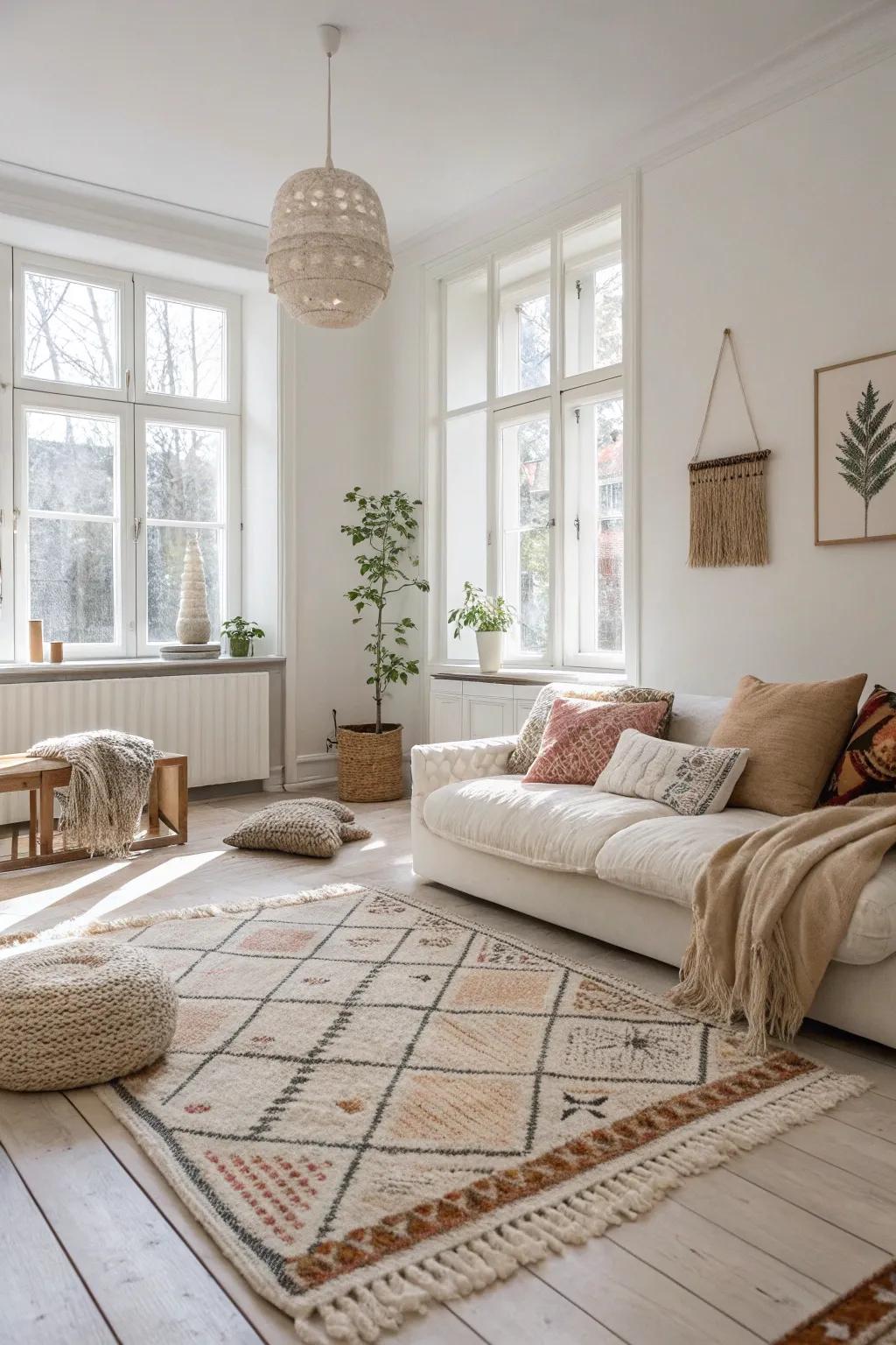 Layered rugs bring texture and warmth to the Scandinavian living room.