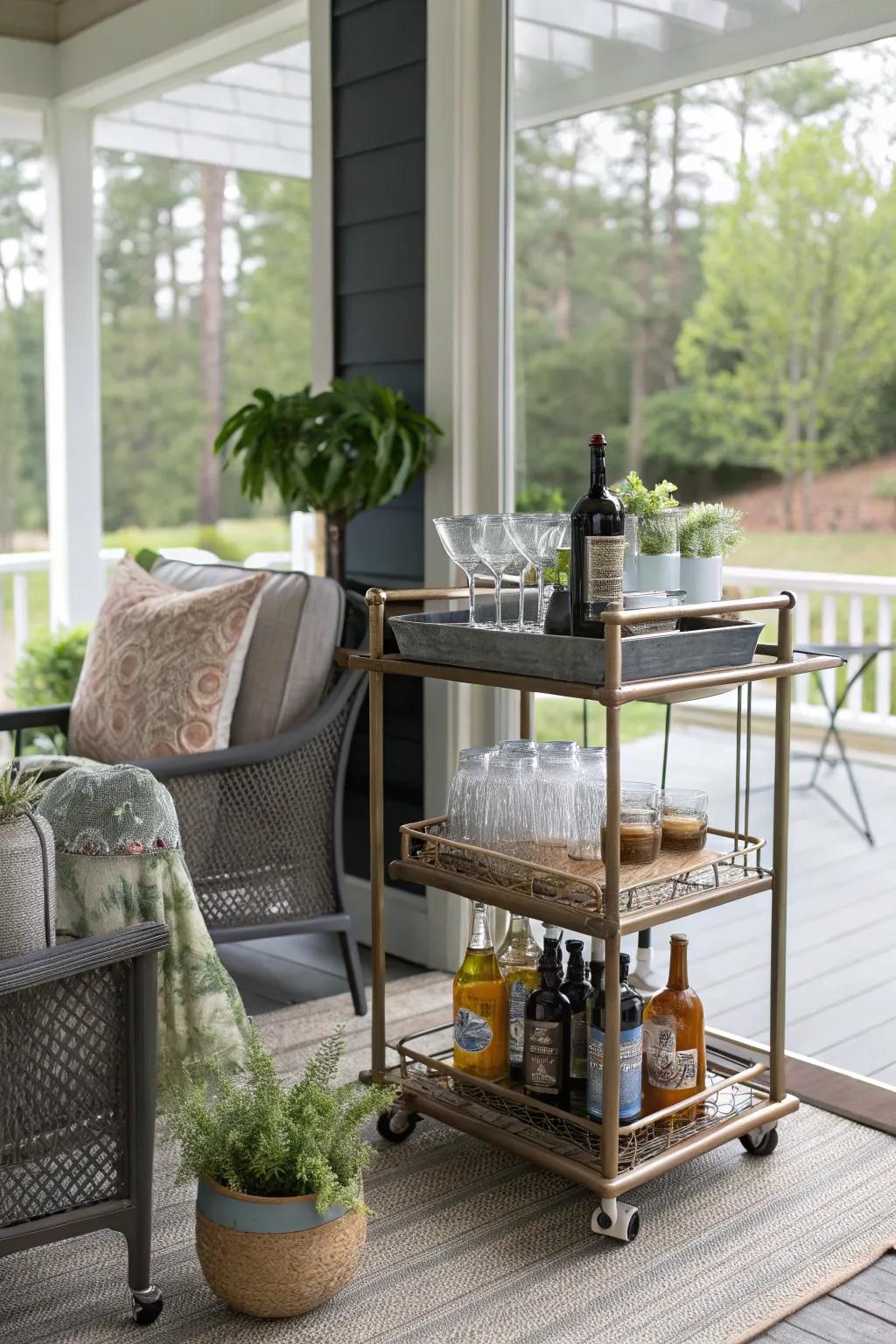 A wheeled serving station offers a stylish way to serve drinks on the porch.