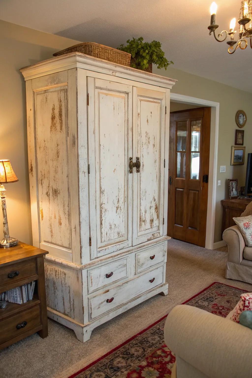 A distressed armoire offers both storage and style.