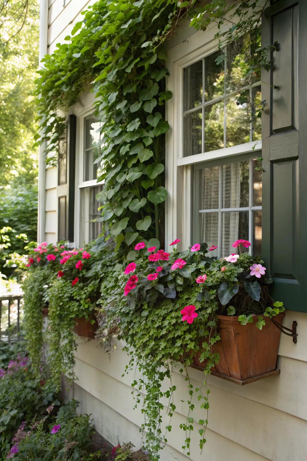 A shaded window setting exhibiting whimsical box gardens filled with happy petals and flowing climbers.