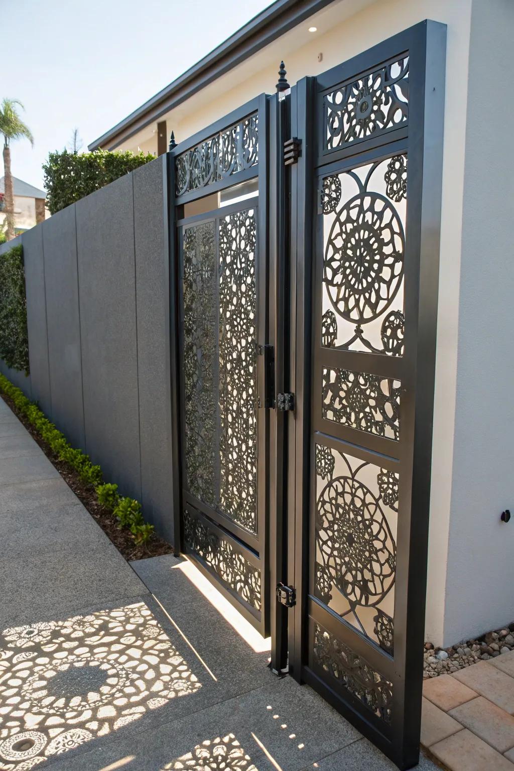An alloy entrance with laser etching that exhibits complex artistry.