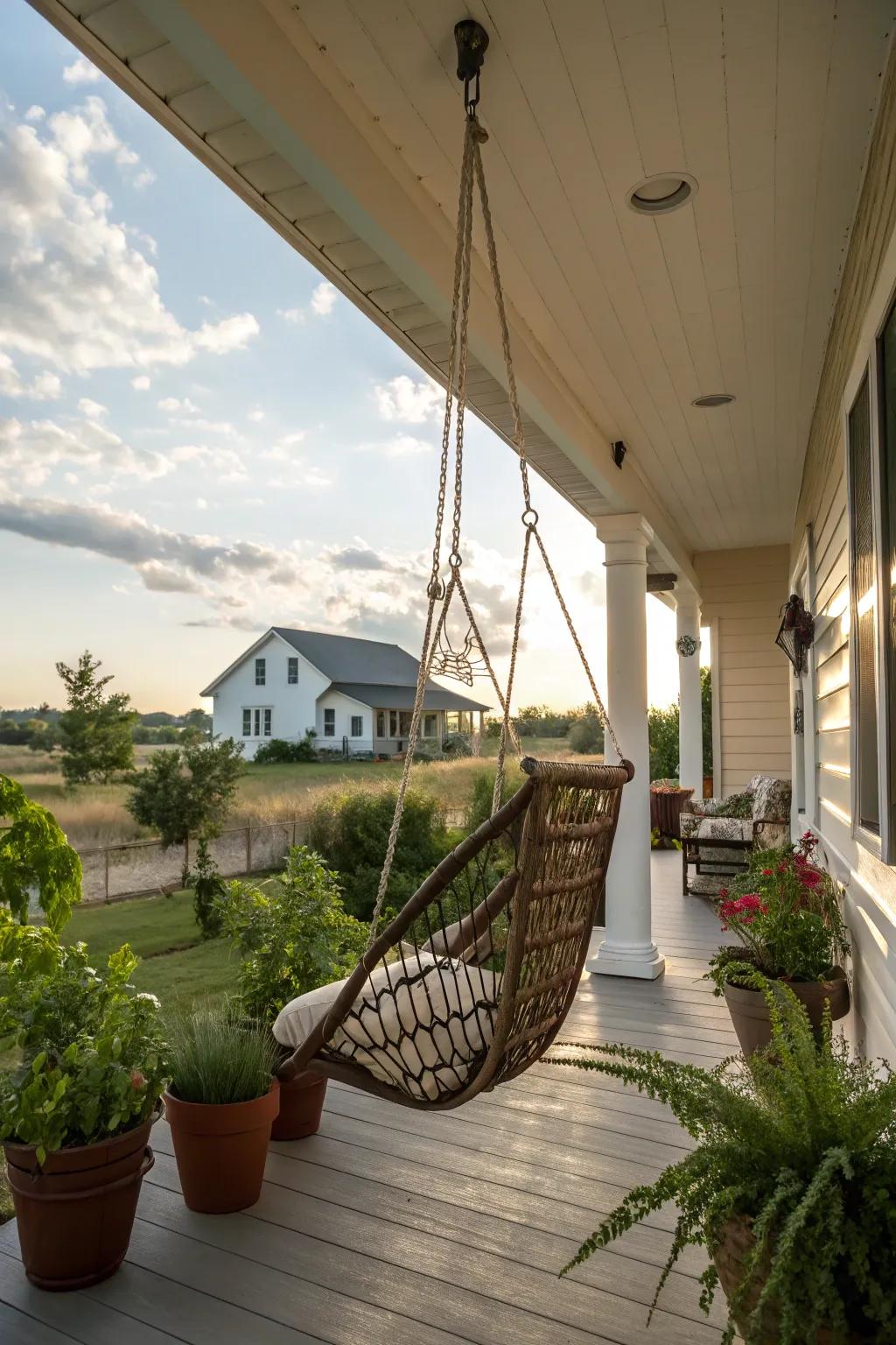 A whimsical hanging chair inviting relaxation on the side porch.
