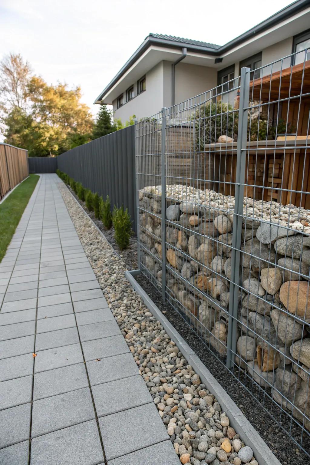 Sturdy side yard with gabion walls.