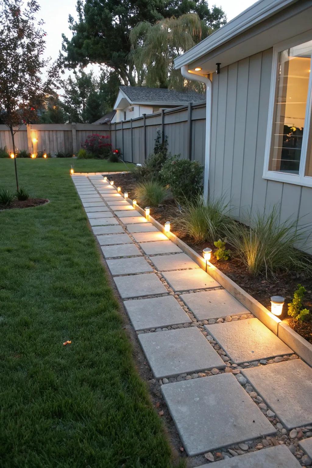 Straight lights offer a modern touch to your side yard walkway.