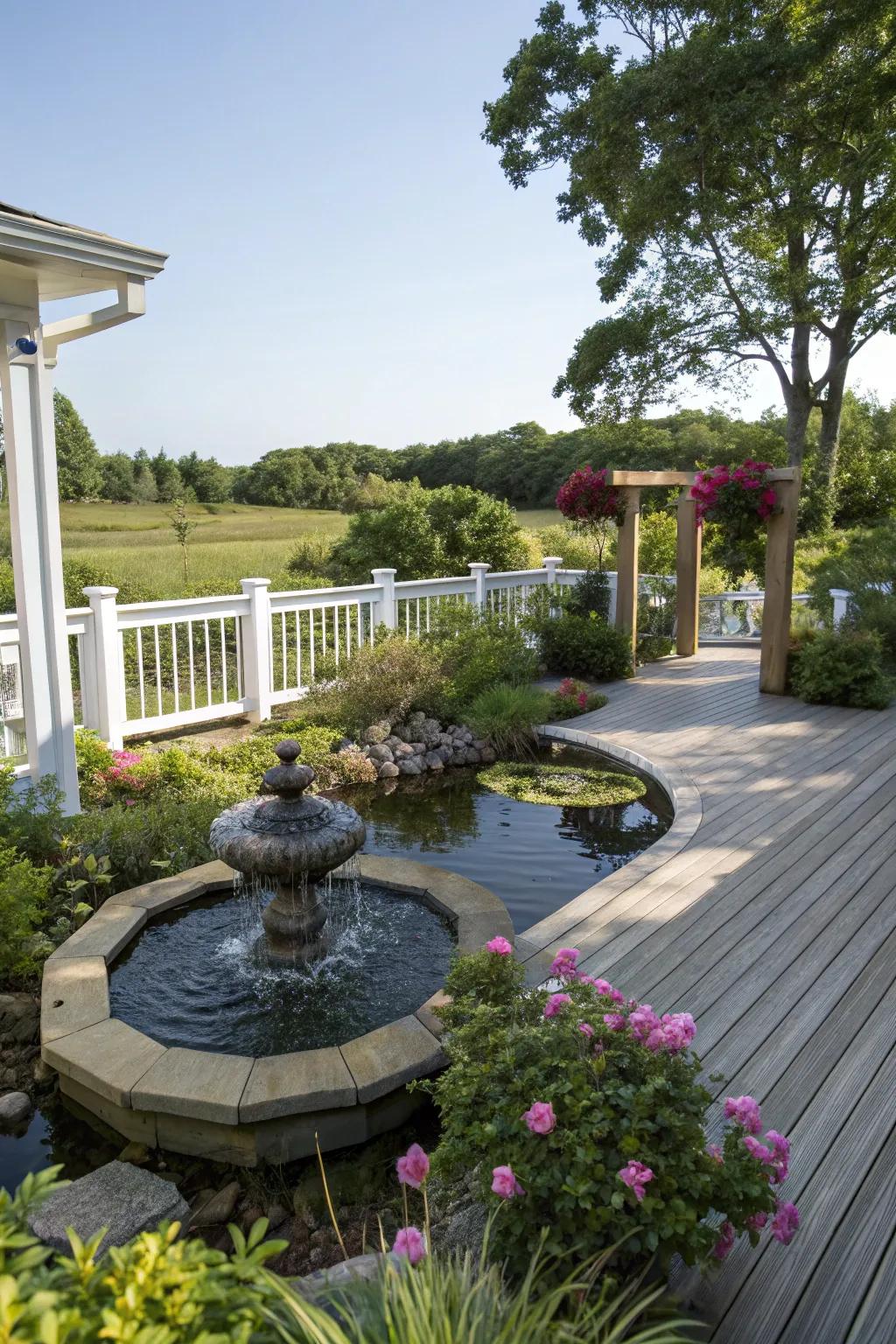 A small watersong feature brings a sense of tranquility to the deck.